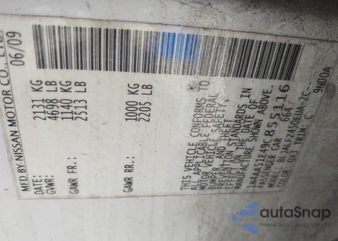 2009 Nissan Maxima 3.5 Sv из США, поврежденный, VIN 1N4AA51E49C855116